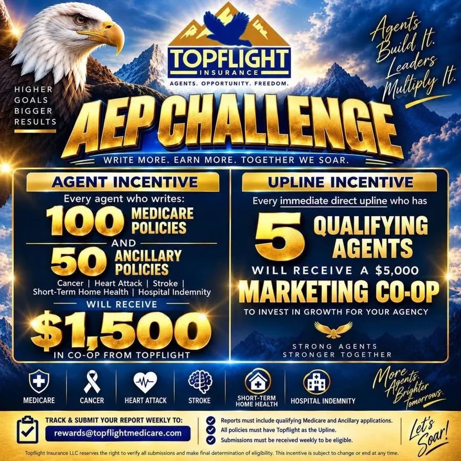 Topflight AEP Challenge flyer: agent incentive of $1,500 co-op for 100 Medicare and 50 ancillary policies; upline incentive of $5,000 marketing co-op for 5 qualifying agents.
